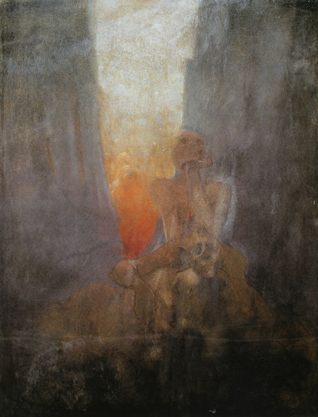Alfons Mucha, Le Gouffre, Dans les profondeurs, un cadavre, vers 1898-1899, pastel sur papier marouflé sur toile, 129 x 100 cm, Paris, musée d'Orsay